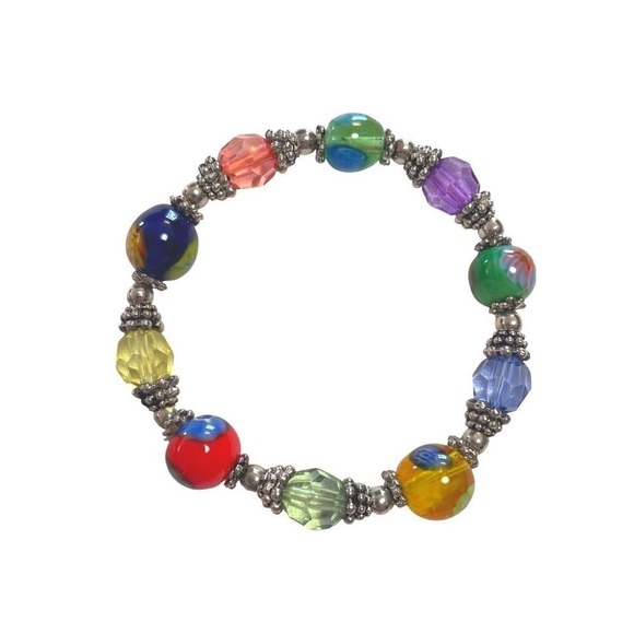 Unbranded Jewelry - Beaded Stretch Bracelet One Size Multicolor Glass Lampwork Boho Style